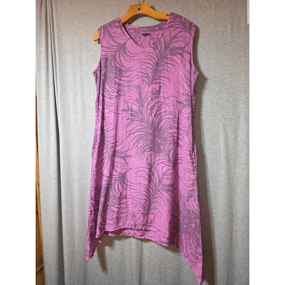 CMC Purple Tropical Print Sleeveless Handkerchief Hem Midi Dress Pockets Large